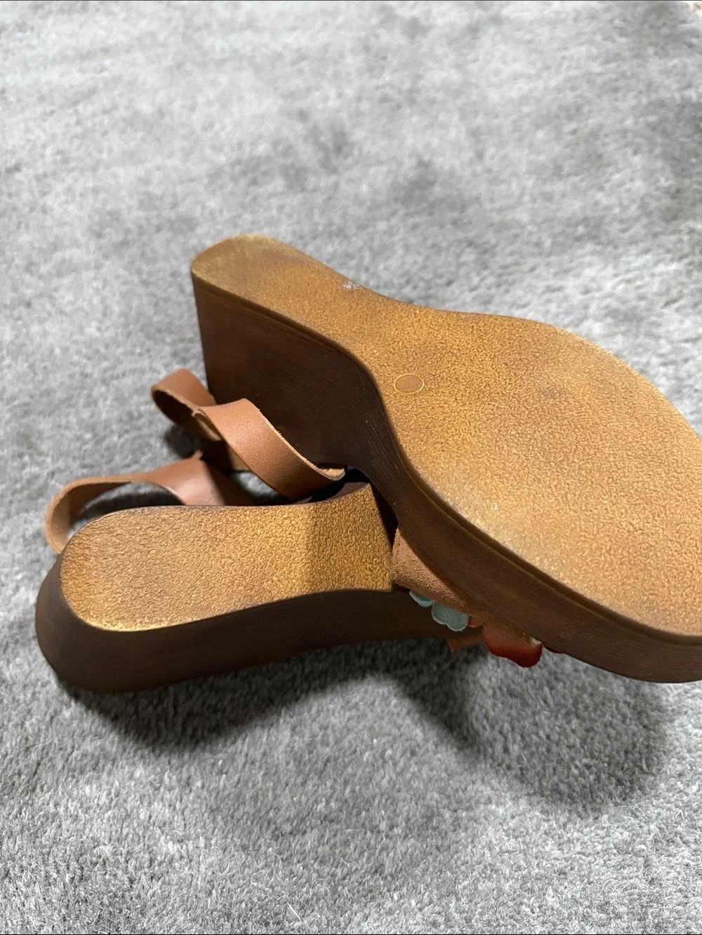 Tan Leather Sandals with Multicolor Floral Appliqués